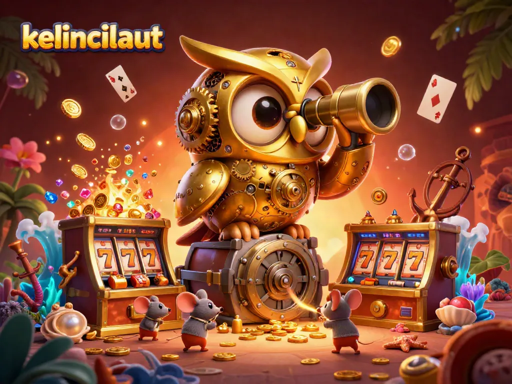 Explore exciting slot games like kelincilaut with golden owl and curious mice in a vibrant casino scene.