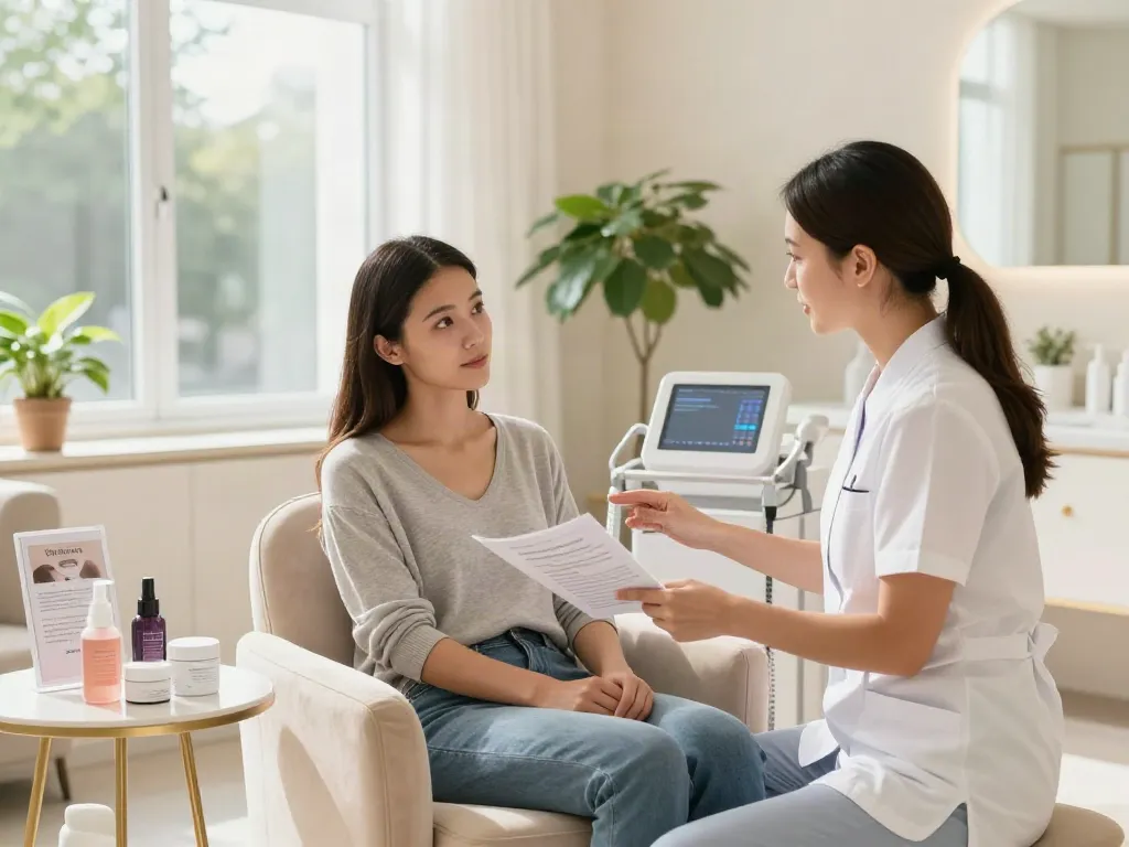 Behandlung zum Entfernen von Augenringen in einem modernen Schönheitssalon, Ästhetikerin erklärt Verfahren.