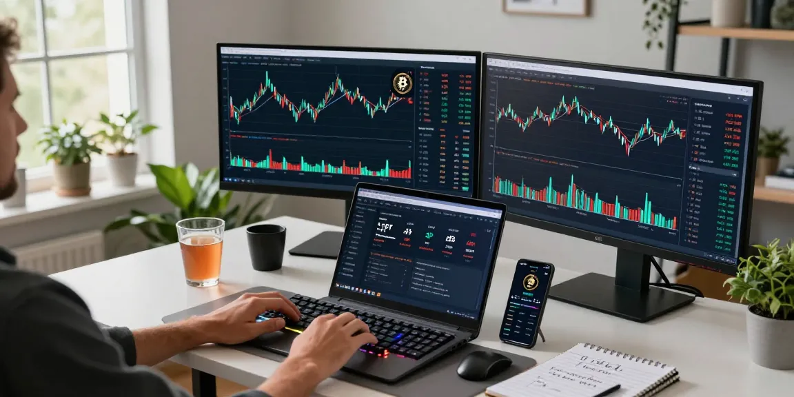 XXKK Exchange trading setup with crypto charts, laptop displaying DeFi metrics, showcasing a professional financial workspace.