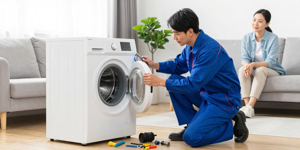 Washing machine repair technician diagnosing a unit in a bright living room setting, showcasing professional home service.