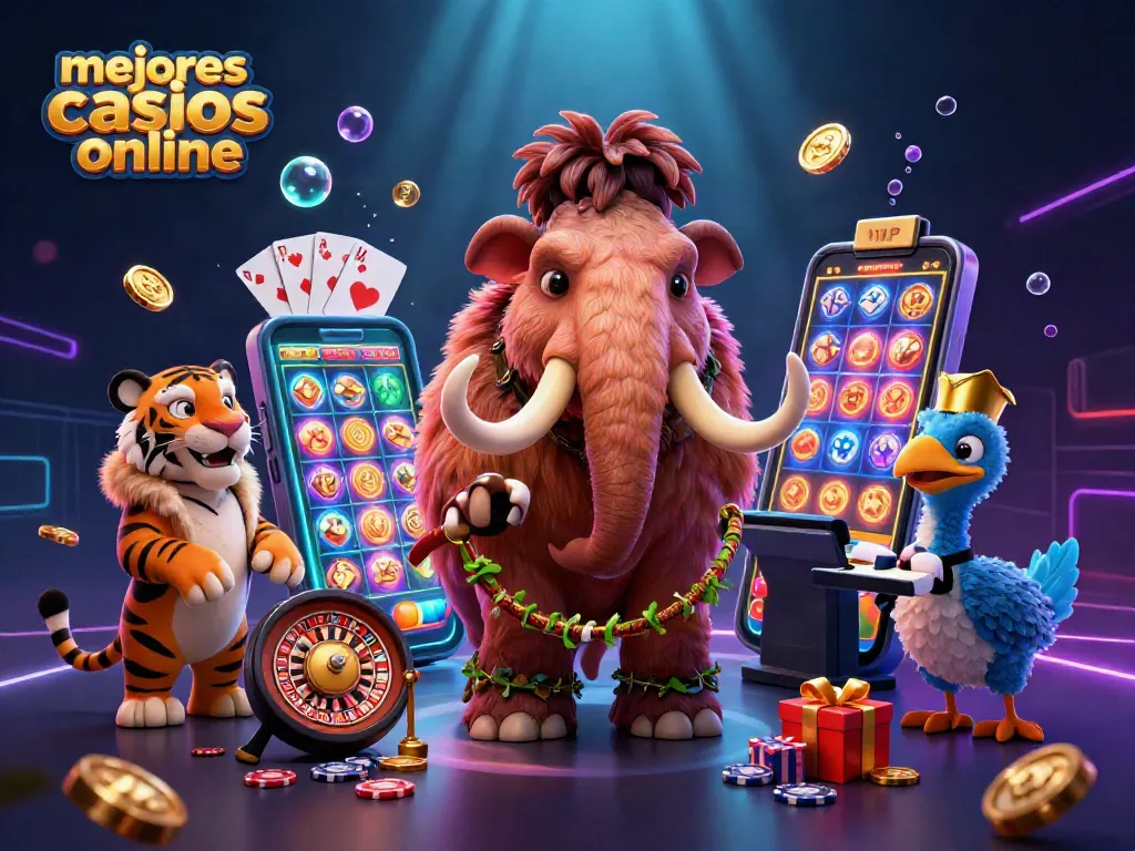 Visualiza los mejores casinos online con personajes únicos y juegos vibrantes en esta colorida ilustración.