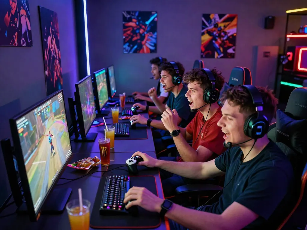 Exciting QQ Macan gaming session with friends, high-tech setup and vibrant LED lighting.