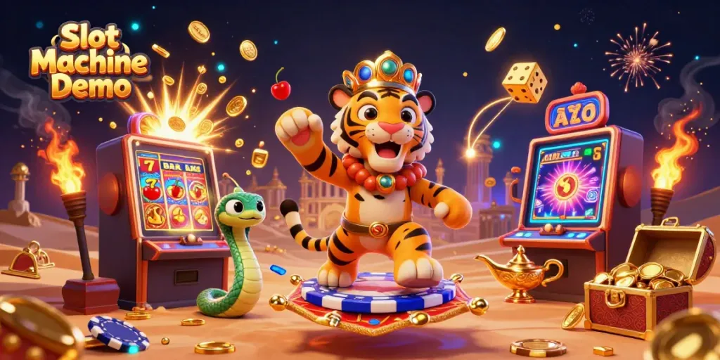 Experience the excitement of Slot Machine Demo with a vibrant scene featuring casino symbols and a magical atmosphere.