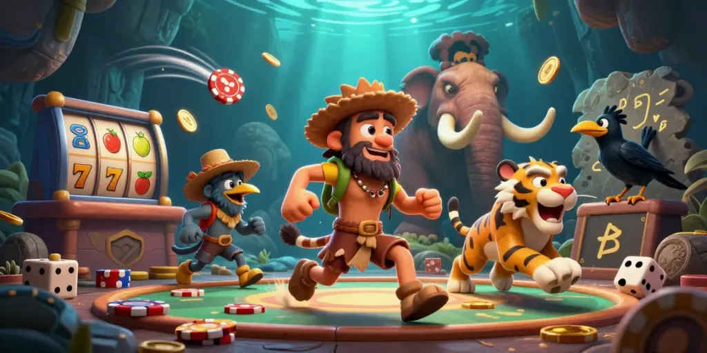 Engage in Slot Demo with a playful caveman and sabertooth tiger in a vibrant prehistoric casino scene.