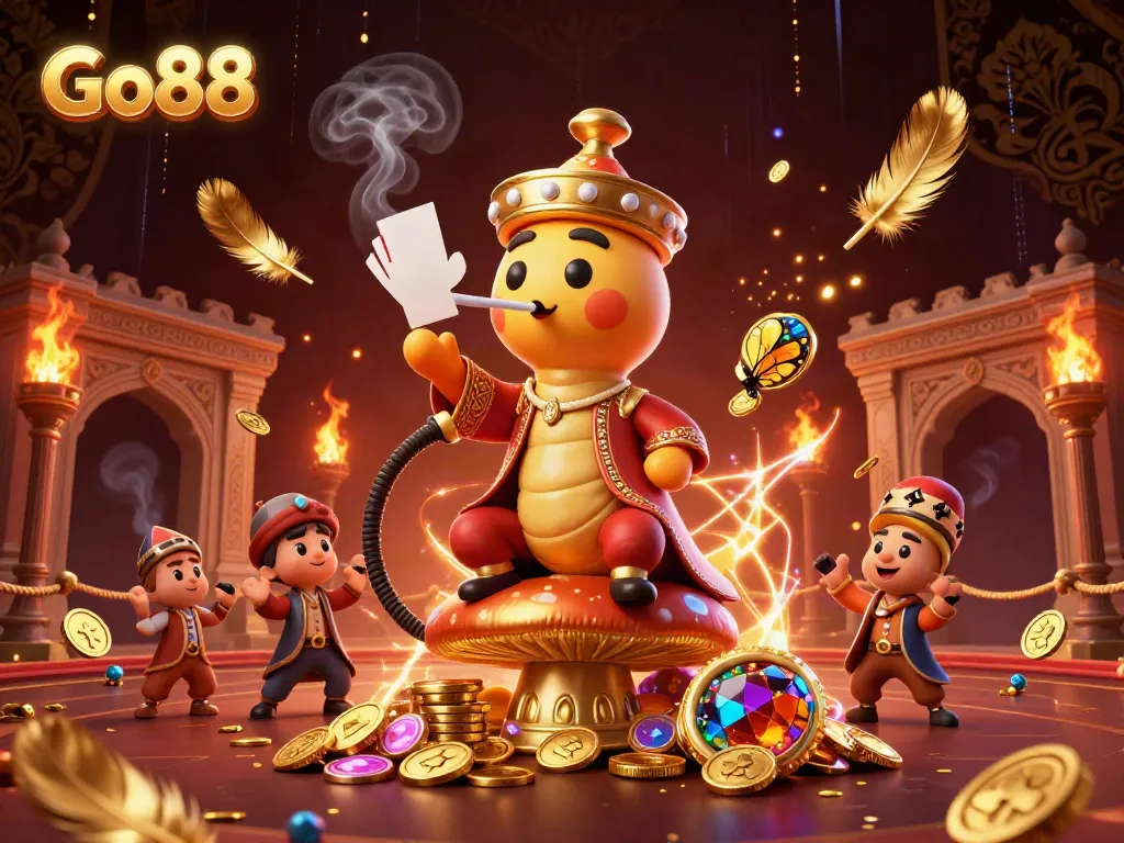 Go88 showcases an enormous caterpillar hookah-master in a vibrant Turkish sultan setting with smoke rings and golden coins.