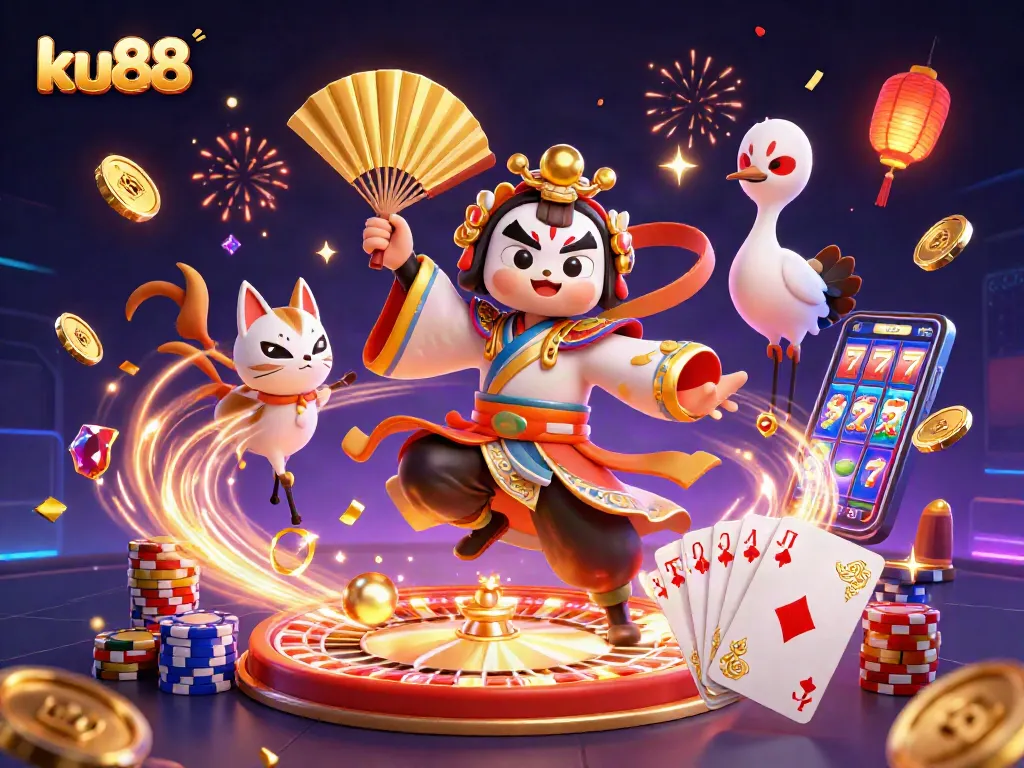 ku88 promotes vibrant gaming with a kabuki warrior and a kitsune mask in a lively casino scene.