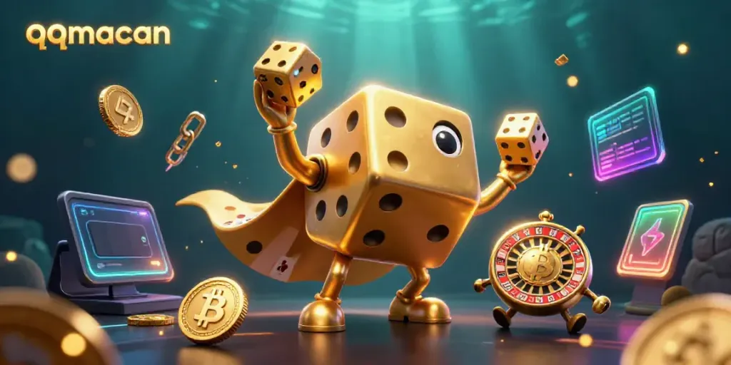 Engage in thrilling gaming moments at qqmacan with vibrant 3D casino characters and crypto elements.