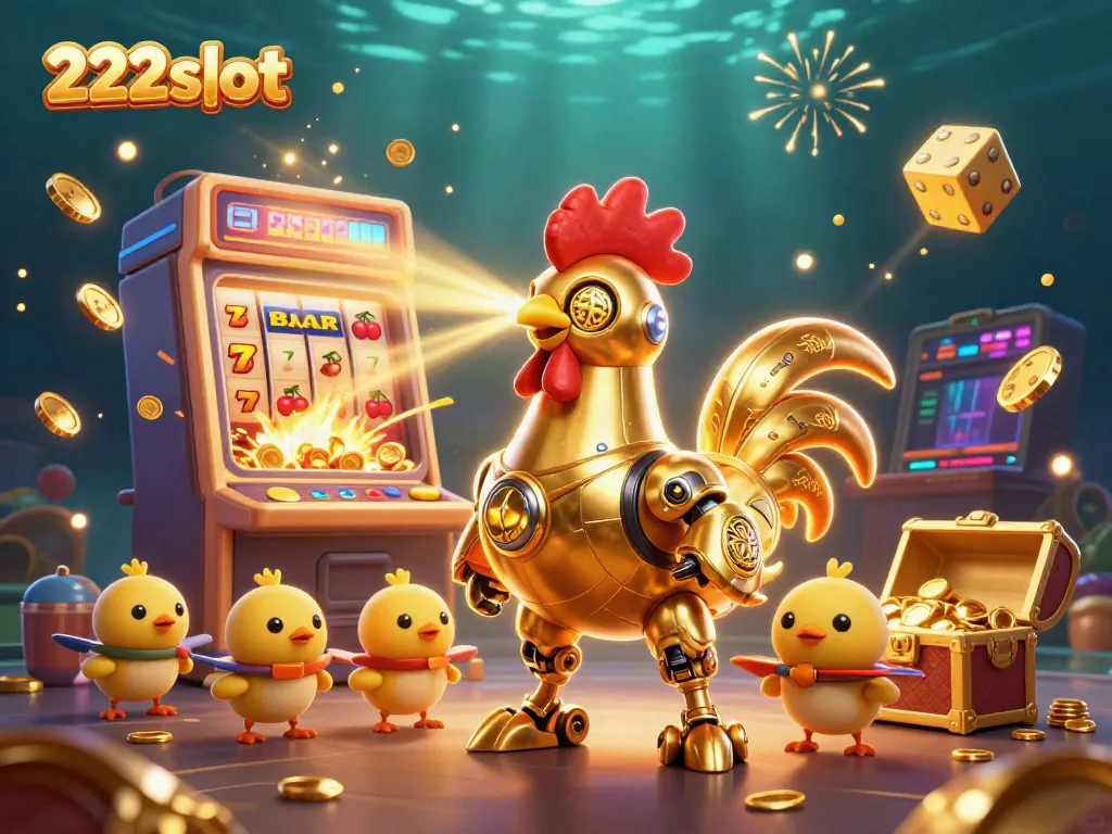 Permainan jackpot menyenangkan di 222slot dengan robot ayam emas dan drone anak-anak yang mengikuti.