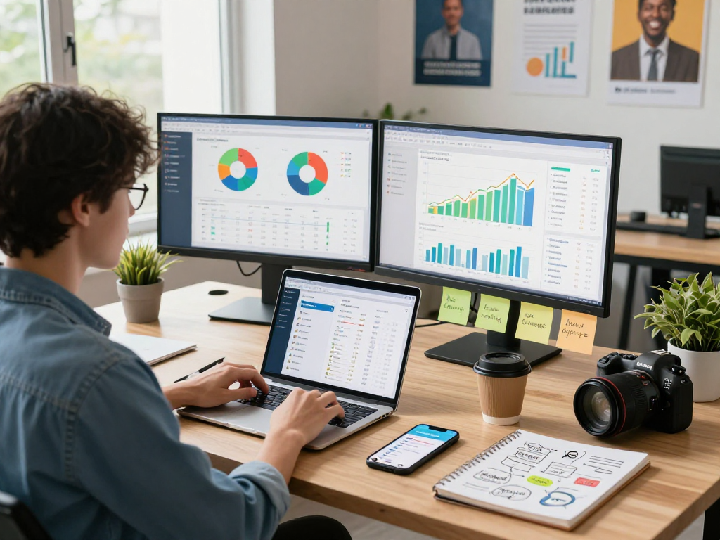 Marketing specialist analyzes metrics to buy app downloads for better app rankings.
