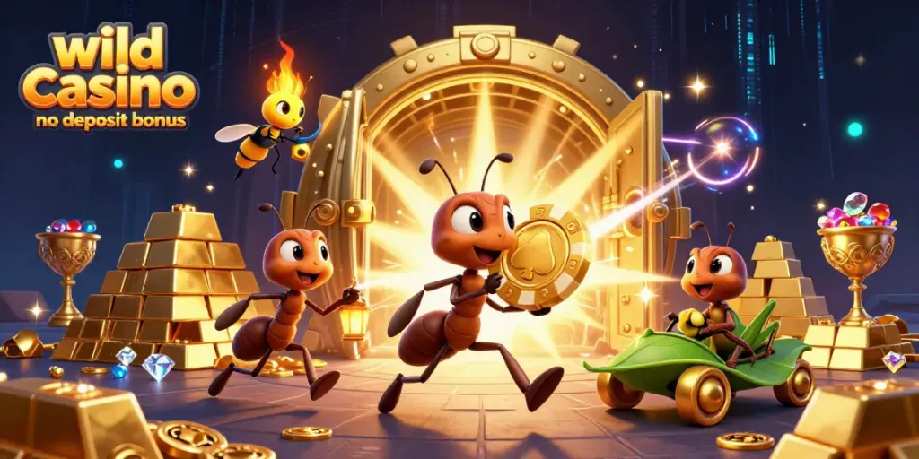Ants heist scene depicting wild casino no deposit bonus with a massive poker chip and treasures