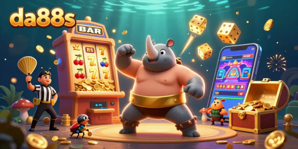 da88s showcases a vibrant 3D illustration of a beetle champion amidst a lively casino scene bursting with coins and excitement.