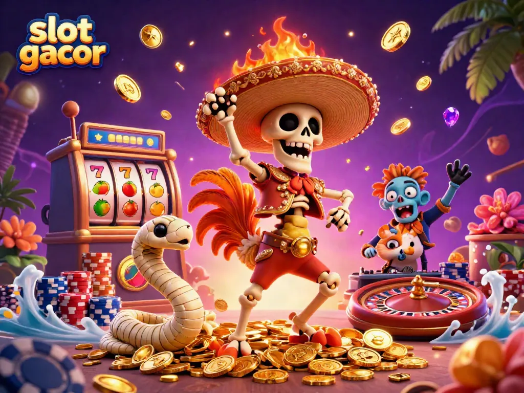 Experience slot gacor action with a victory dance by a skeleton mariachi on golden coins, showcasing vibrant casino elements.