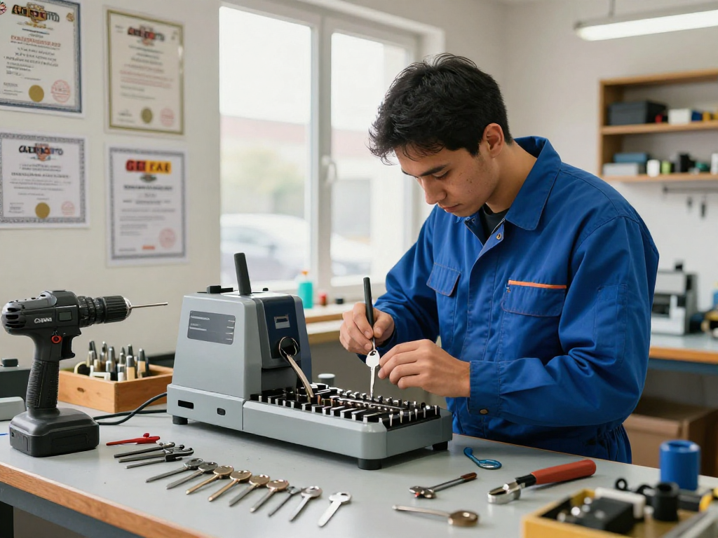 Locksmith Raleigh NC working on a key cutting machine in a bright workshop.