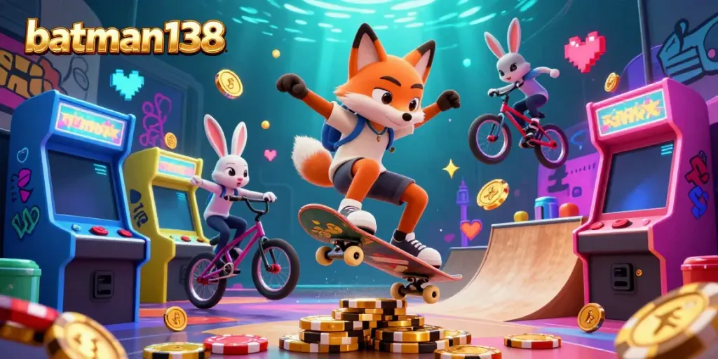 Experience dynamic gaming action with batman138 in a lively casino-themed 3D illustration featuring a skateboarder fox and BMX-riding rabbit.