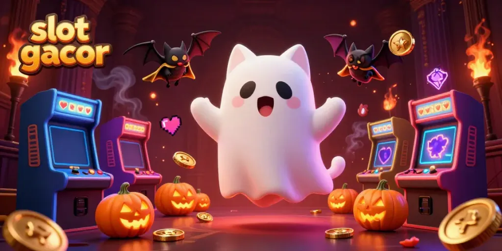 Experience the thrill of slot gacor in a haunted casino scene with whimsical ghostly characters.