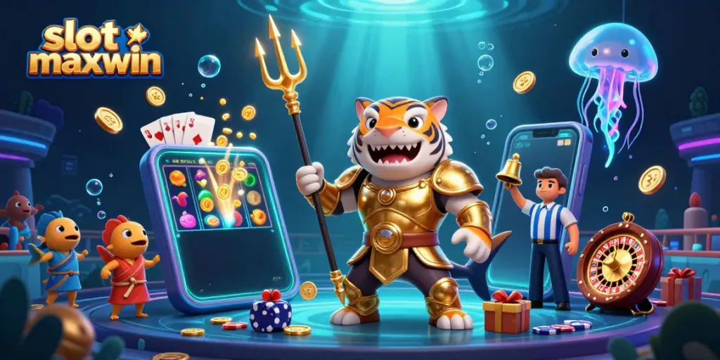 Experience the excitement of slot maxwin with a vibrant underwater casino scene, showcasing games and gold.
