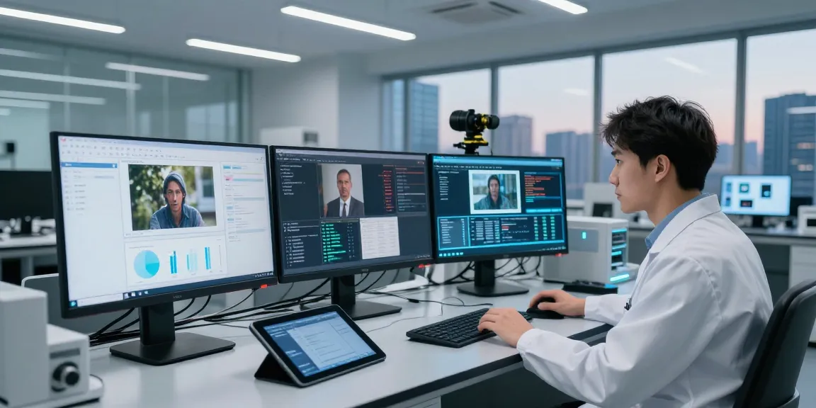 Analyst using AI-Generated Image Detection software in a high-tech forensic lab.