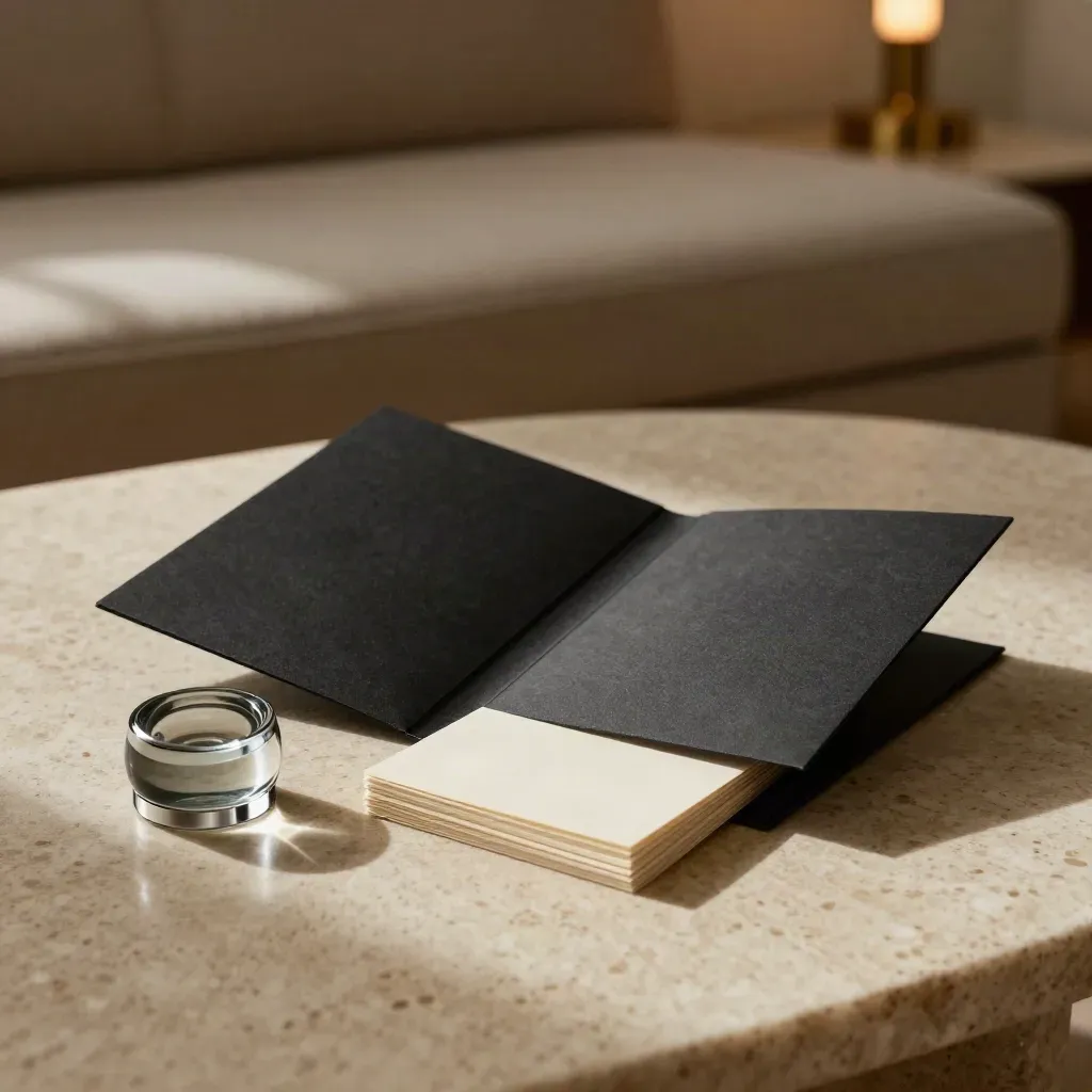 Black archive sleeve, card stacks and glass paperweight on a travertine lounge table.