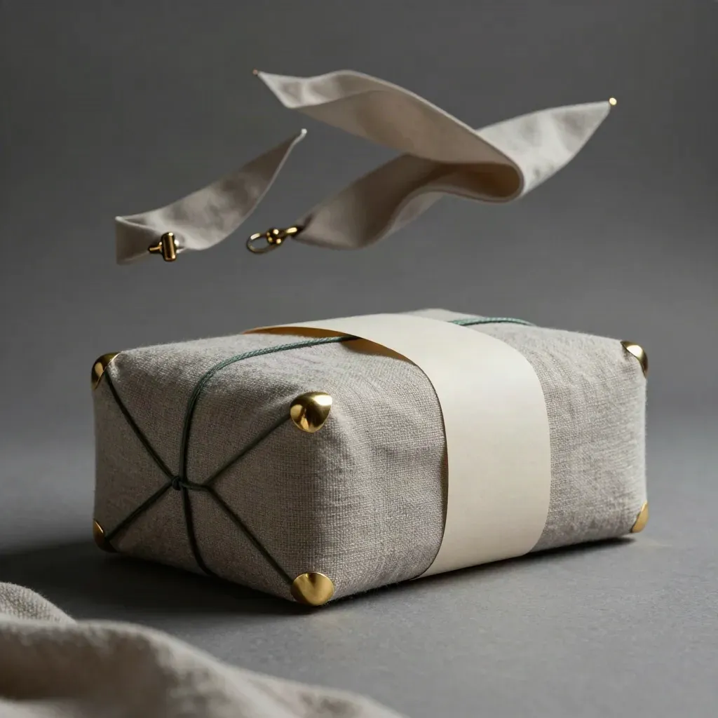 Floating linen-wrapped case with brass corners, fabric arcs, and an emerald seam.