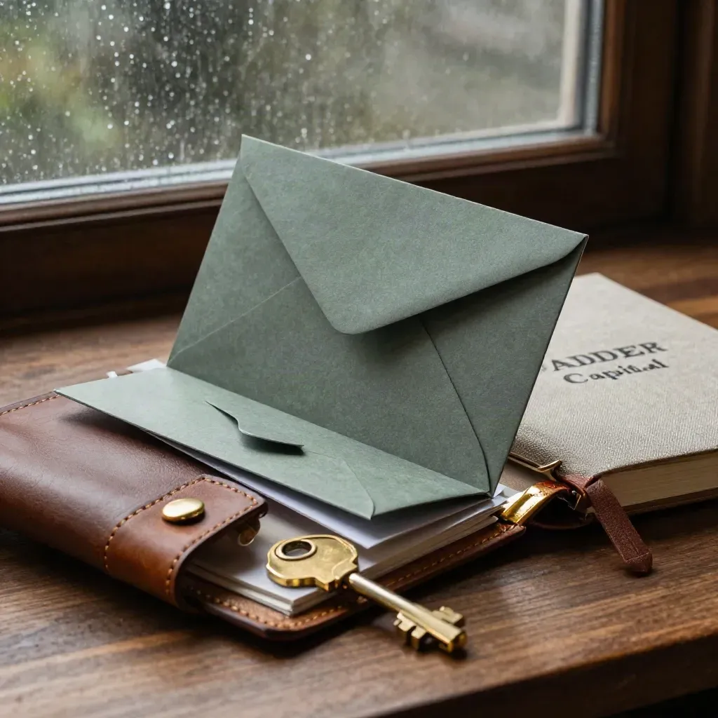 Walnut leather founder fundraise folio with inserts and notebook in dramatic morning light.