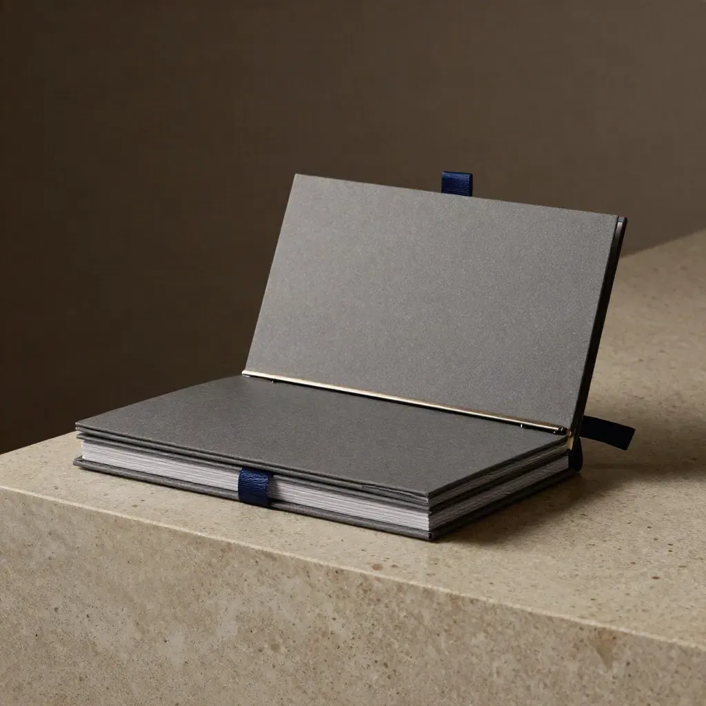 Charcoal finance portfolio sliding on stone with metal divider and navy tab in moody studio light