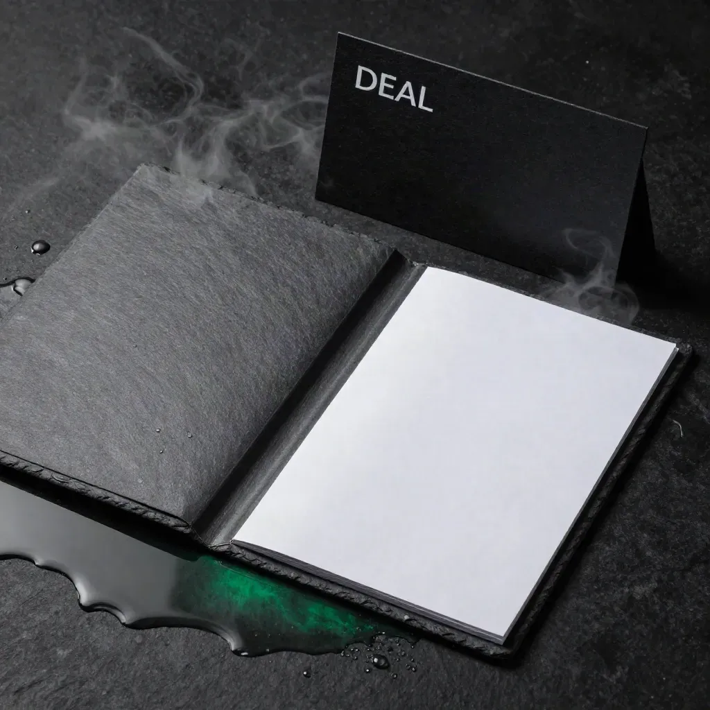 Overhead slate memo folder on wet stone with steam and emerald reflections