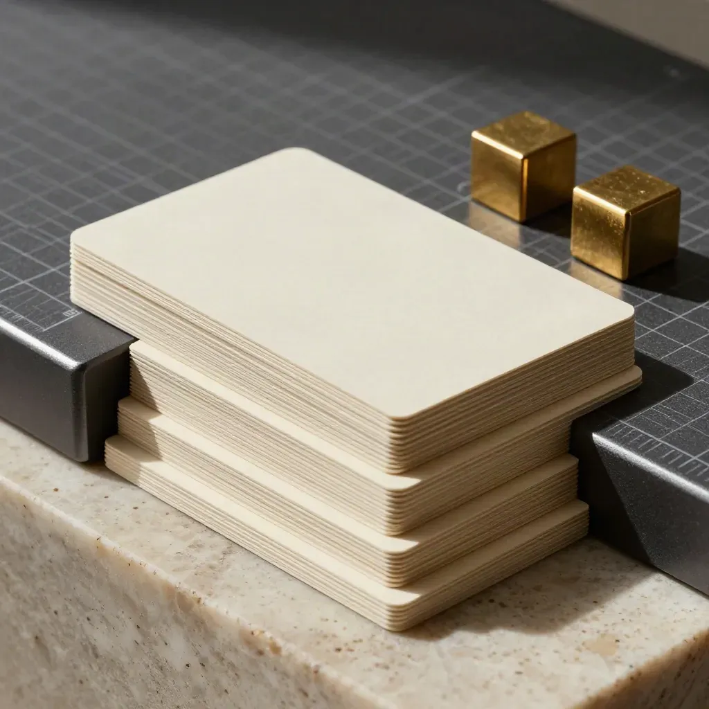 Macro of stepped blank cards, matte grid board, and brass cubes on travertine.