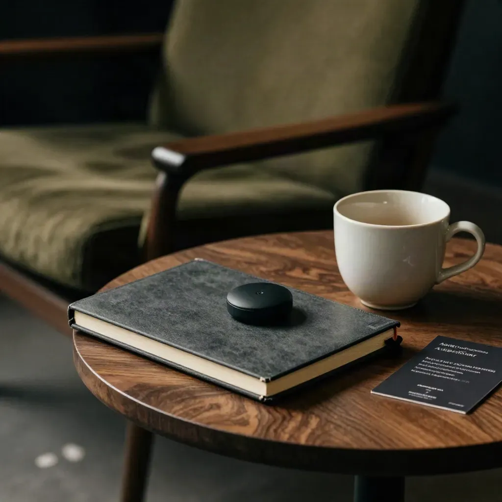 Dark portfolio review call set with notebook, speaker puck and ceramic cup on a side table.