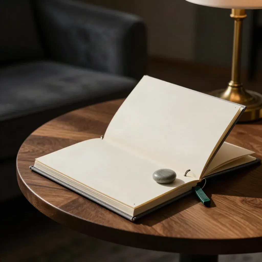Open graphite folio with blank insert and stone paperweight beside a brass lamp in a dark lounge.