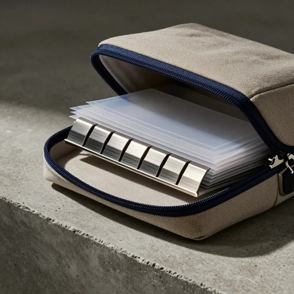 Open canvas diligence kit with translucent sleeves and metal tabs on concrete, lit from upper left.