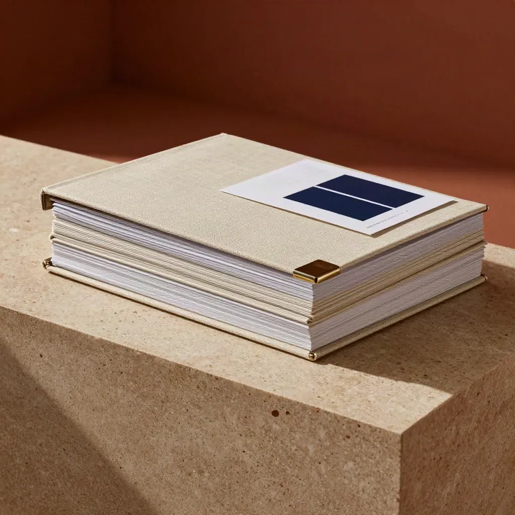 Travertine capital plan binder with tabs and a brushed-silver clip, low hero angle