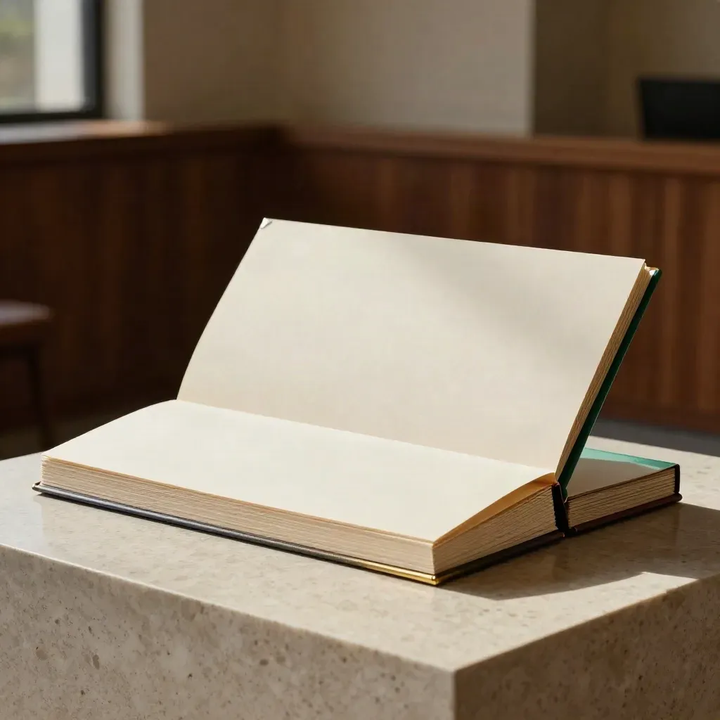 Unbranded pitch deck folio with brass corners and card stack on travertine, lit like a luxury finance ad.