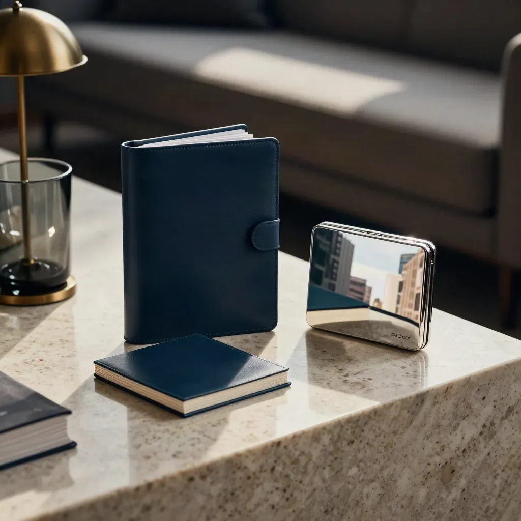 Emerald folio and silver-edged case on a lounge ledge with city-light reflections.