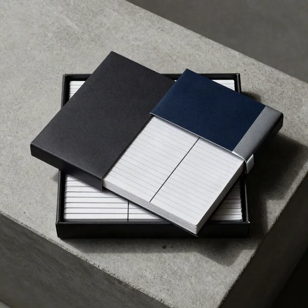Overhead flatlay of a black card box and silver sleeve on concrete, with cards sliding out