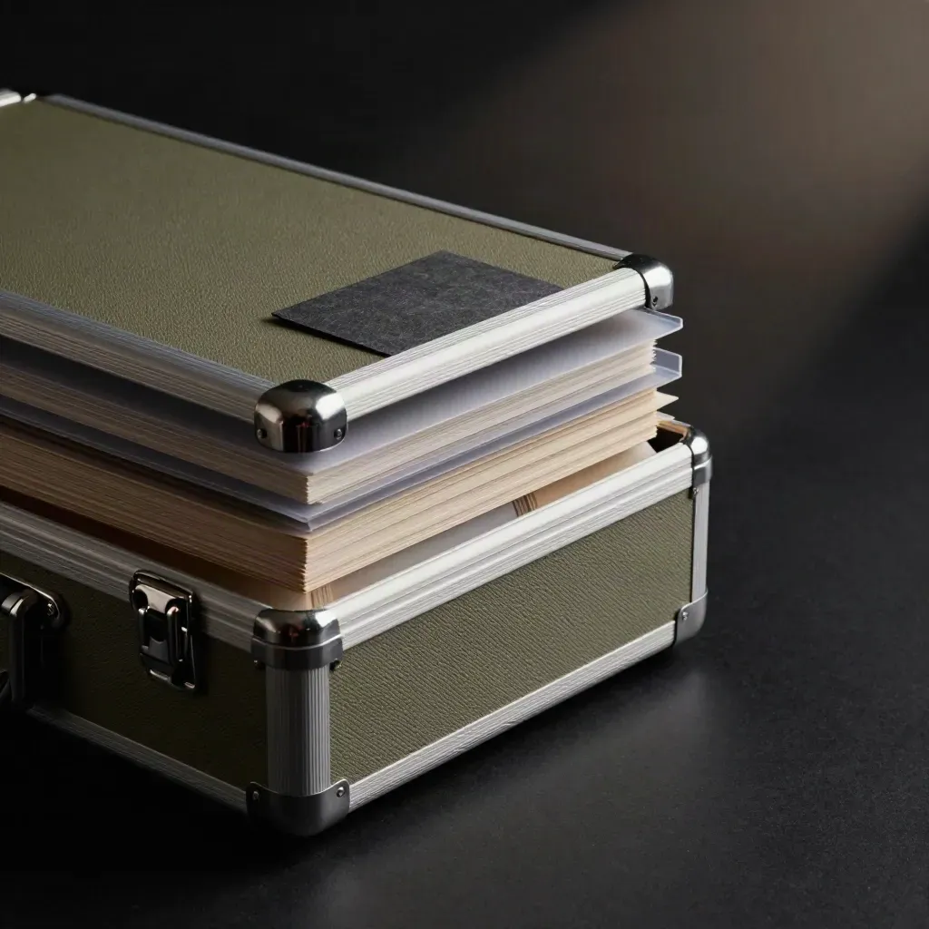 Sealed archival case with clear sleeves and a dark clasp, lit dramatically on a matte-black surface.