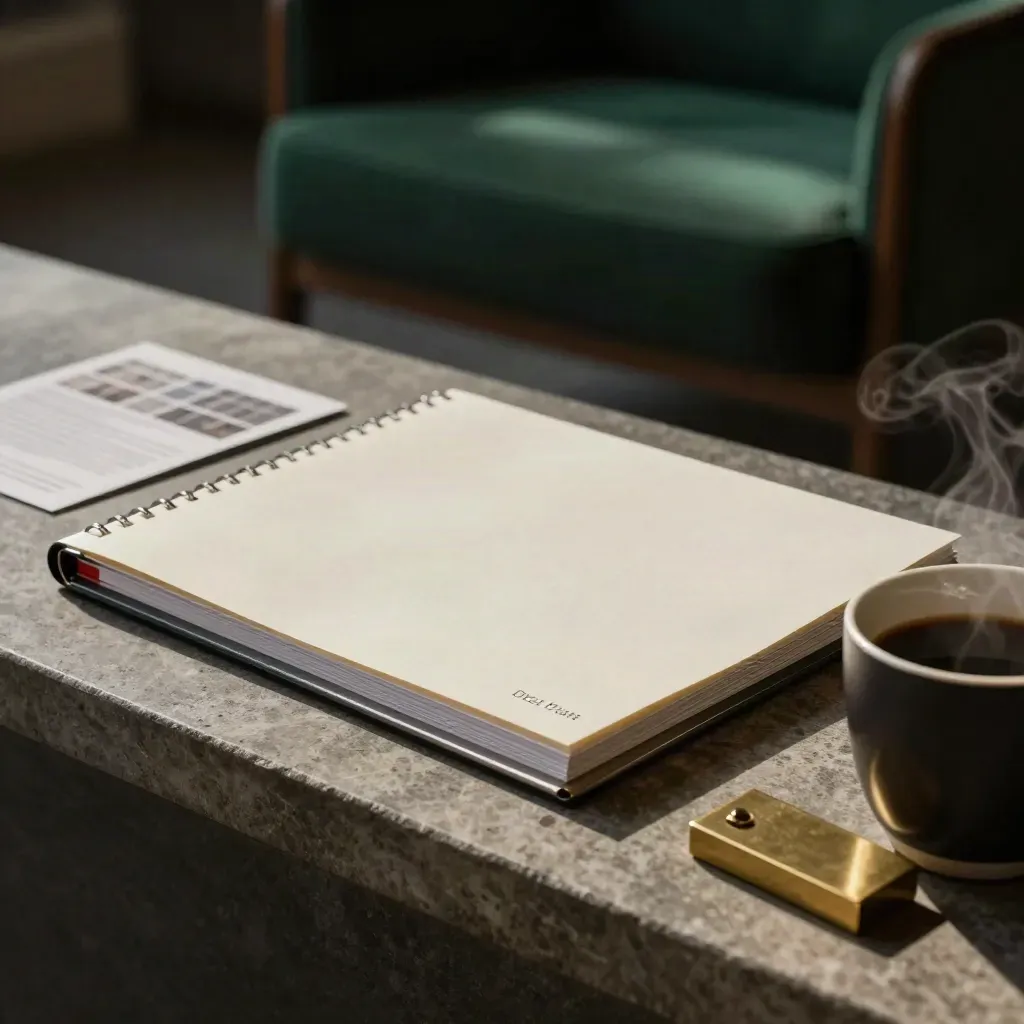 Debt plan folio beside coffee cup on a stone ledge in a dark lounge at dusk