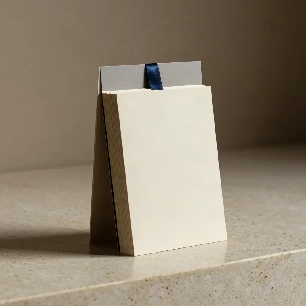 Upright board memo pack with navy tie on travertine, studio-lit in a premium hero shot