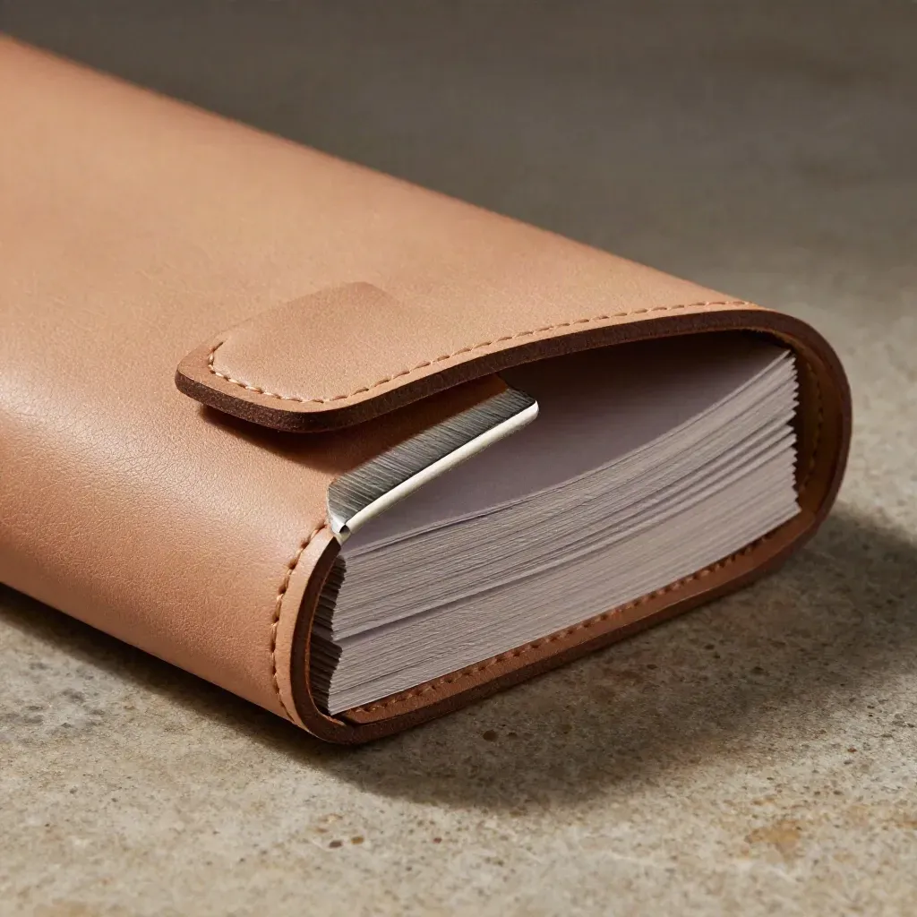 Macro leather sleeve with brushed metal edge and layered paper stack in dramatic side light.