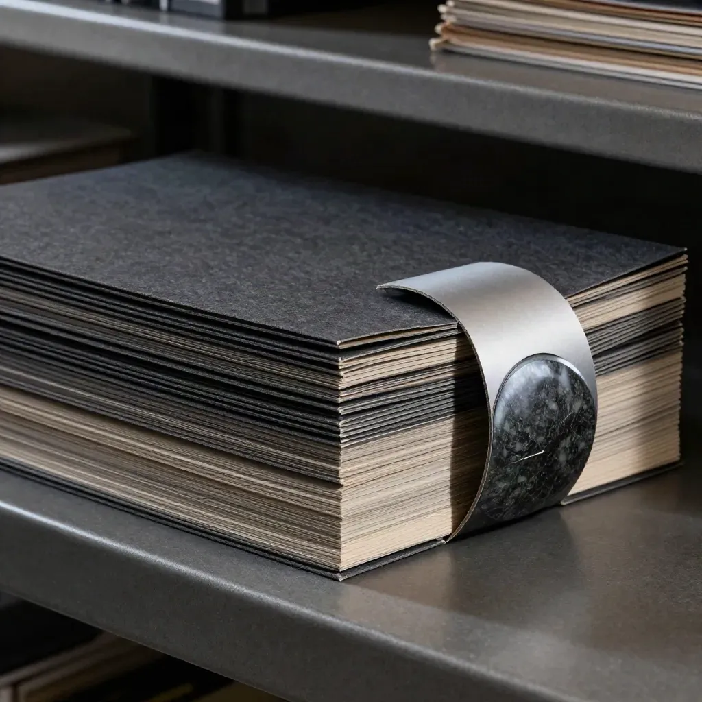 Macro of layered blank folders with a circular paper band and dark stone disk in moody light.