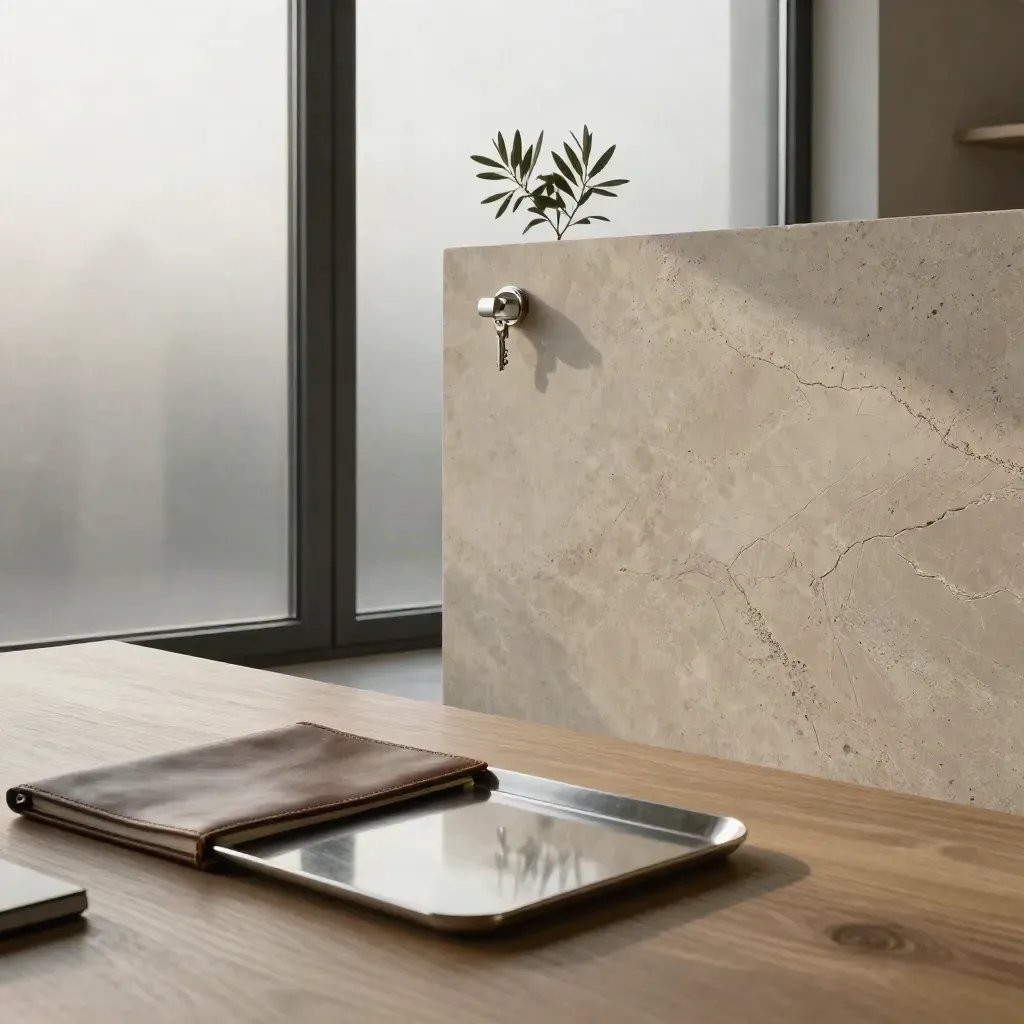 Limestone boardroom corner with frosted window, oak edge, leather folio and soft plant silhouette