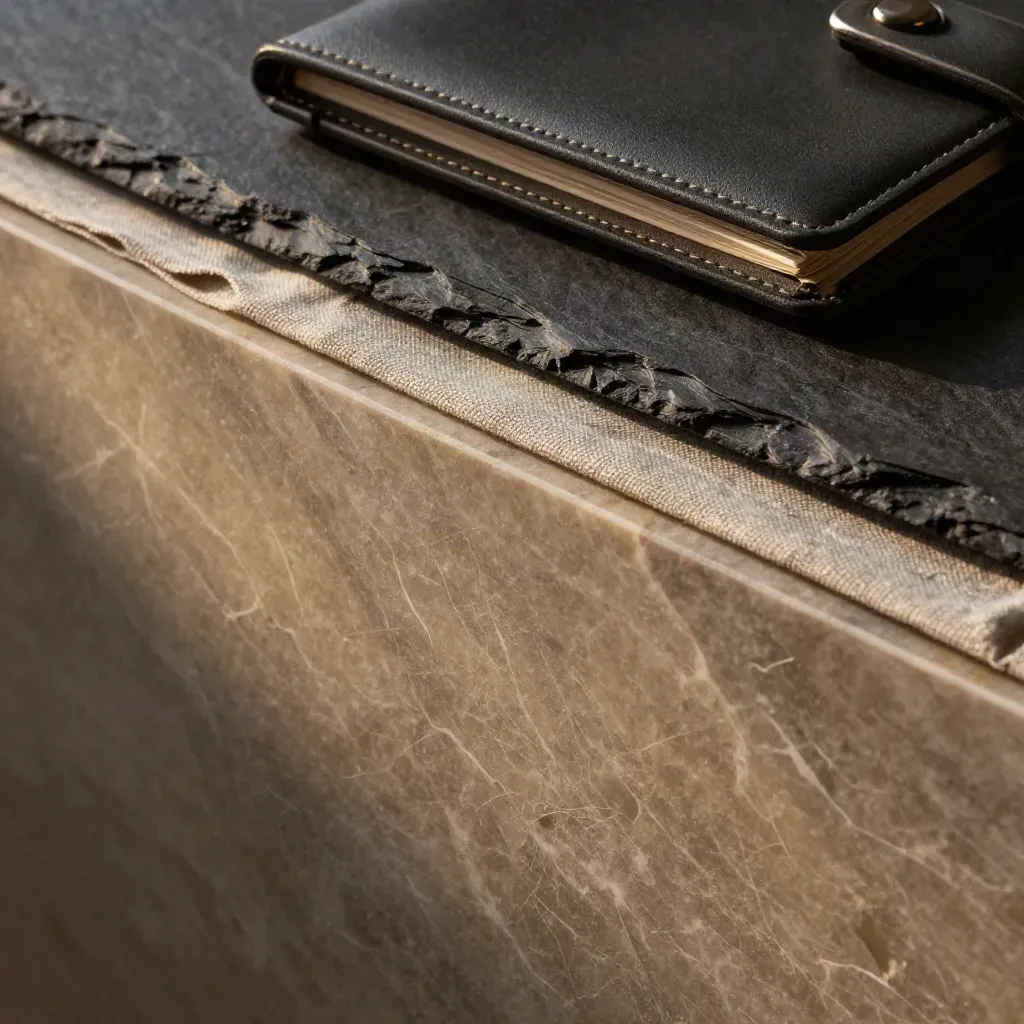 Marble slab with linen runner, dark stone ridge and soft light for a finance backdrop.