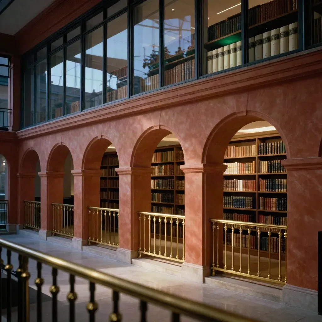 Blue-hour glass-and-brass atrium with arches, warm haze, and calm copy space.
