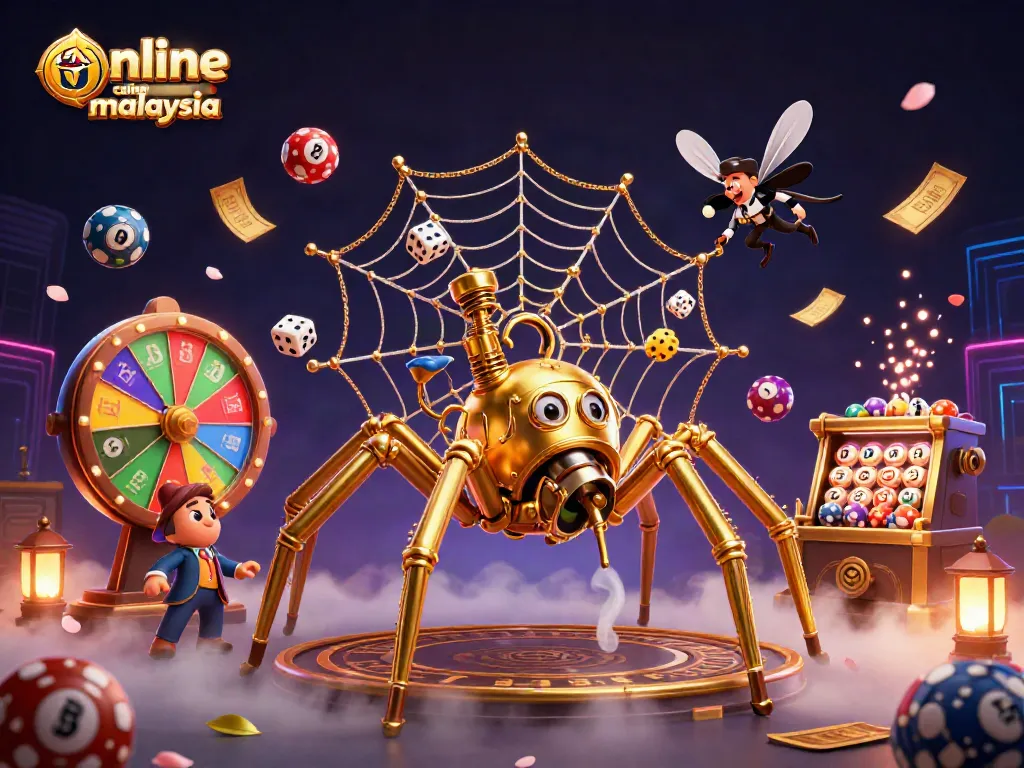 Experience online casino malaysia with vibrant visuals of a steampunk spider and colorful lottery elements.