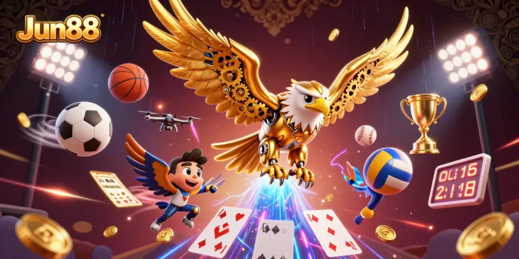 Engage in thrilling gameplay with Jun88 as a golden eagle dives through holographic cards amidst dynamic sports elements.