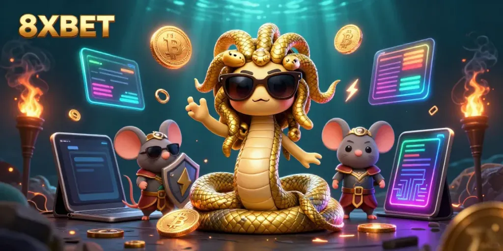 Experience the vibrant world of 8XBET in this dynamic casino scene featuring Medusa and a warrior mouse.