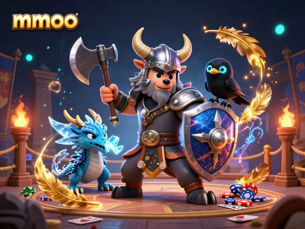 Engage in thrilling casino action with mmoo's Viking wolf warrior and mystical dragon in an immersive arena.