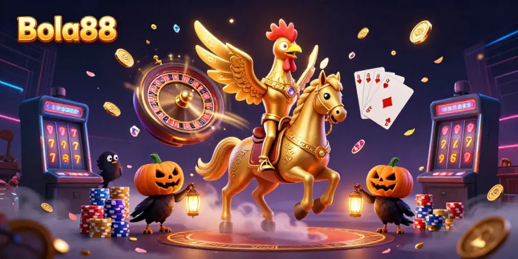 Experience the thrilling atmosphere at Bola88 with vibrant casino elements and unique characters.