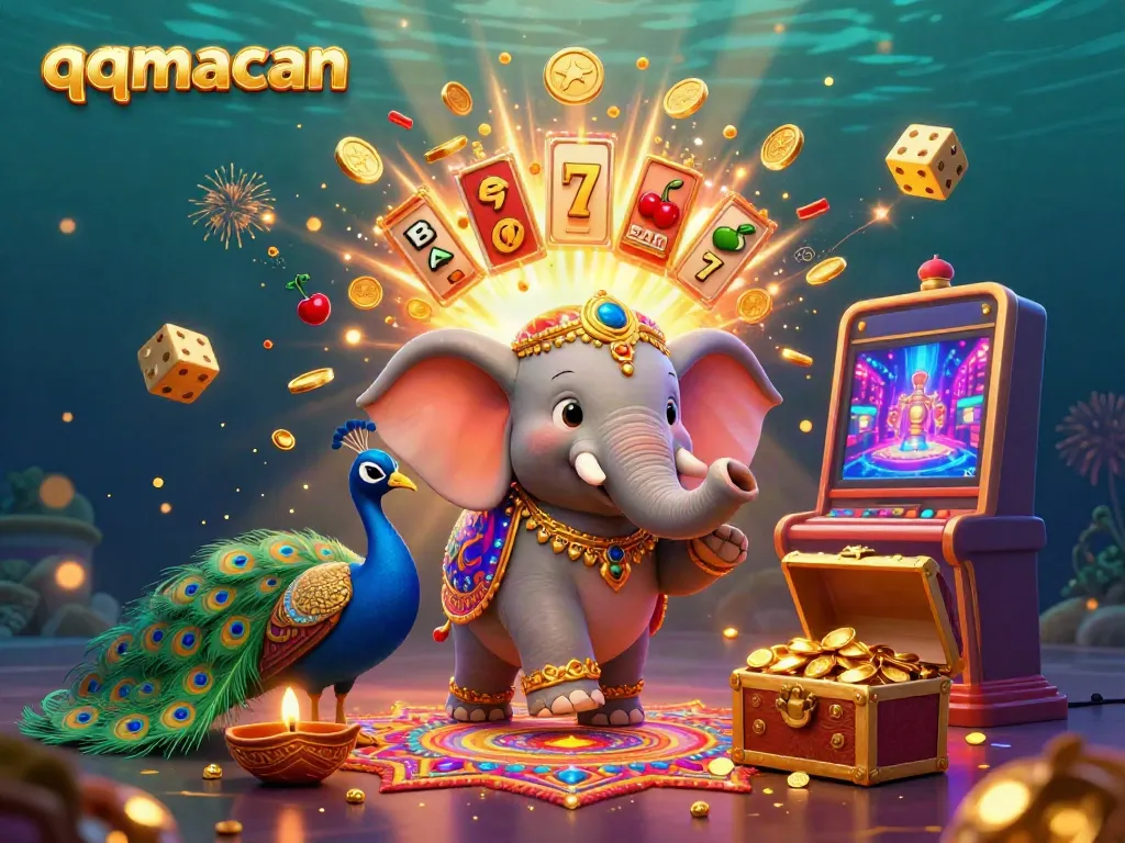 Experience the thrill of qqmacan with this vibrant 3D casino scene featuring a jackpot explosion.
