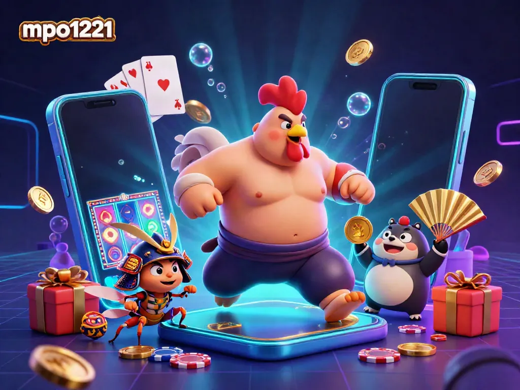 Experience mpo1221 with a dynamic scene of a powerful sumo wrestler rooster, a fierce cricket, and a tanuki, surrounded by vibrant casino elements.