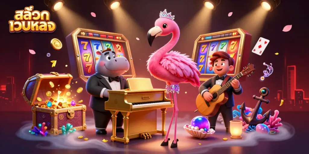 Engage with สล็อตเว็บตรง unique experience through vibrant casino-themed illustration featuring lively characters and elements.